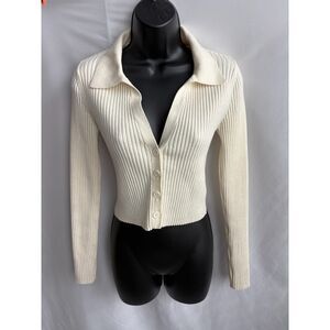 Aerie Cropped Ribbed Cardigan Cream Button Down Sweater Size S Y2K V Neck Cute